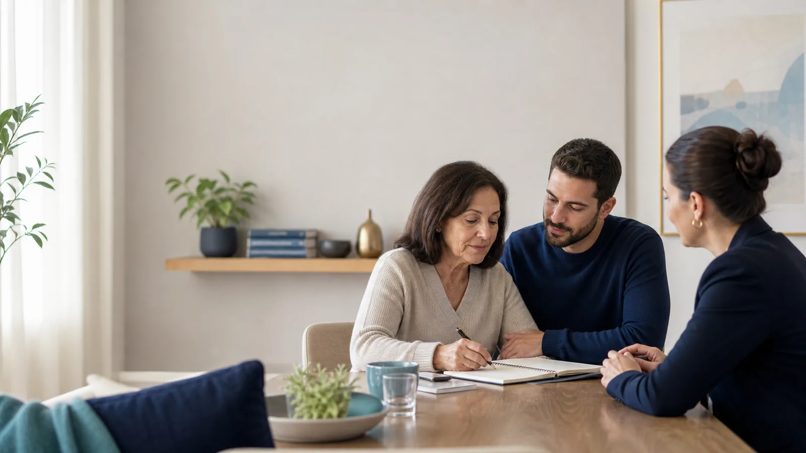 אישה מבוגרת ובן משפחה בודקים יחד מידע לקראת בירור זכויות סיעוד