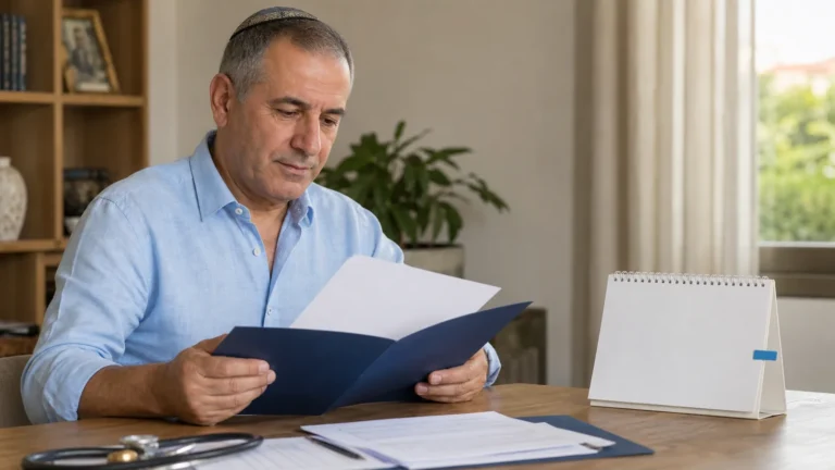 מסמך אישור זמני לביטוח סיעודי לצד לוח שנה ומסמכים רפואיים עדכניים